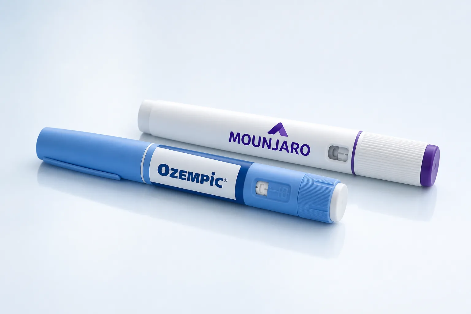 AI-generated visual concept showing Ozempic and Mounjaro pens on a bright clinical surface; it does not document clinic inventory or availability.