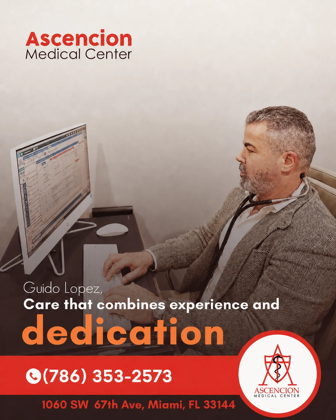 Editorial portrait of Guido Lopez in his consultation room, with the message Care that combines experience and dedication and the clinic's confirmed Miami contact details.